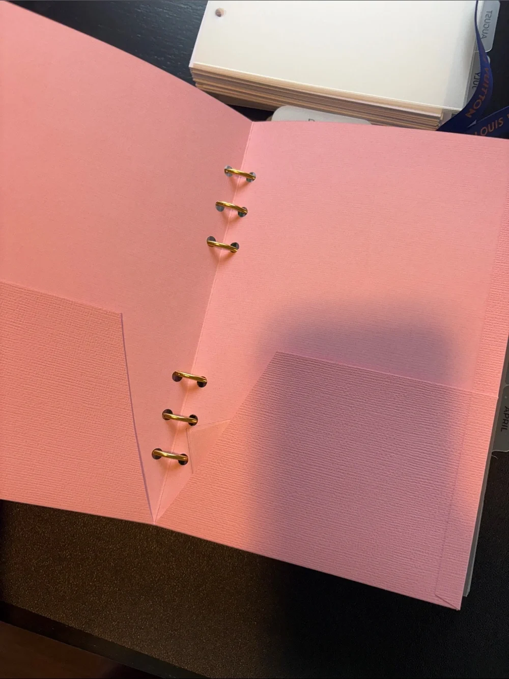 A5 Planner Pages with Blue Ribbon and Gold Rings.